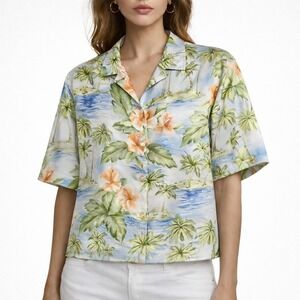 TOMMY BAHAMA 100% Silk Hawaiian‎ Print Boxy Button Down Shirt. Size Medium